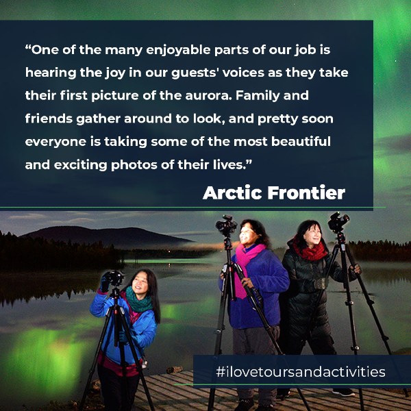 Group with northern lights in background with quote