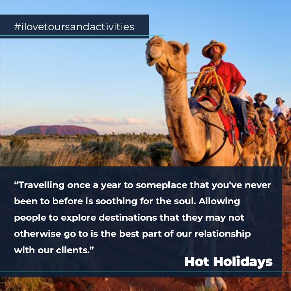Group of people riding camels with quote