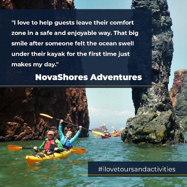Several kayaks on water between rock formations with quote