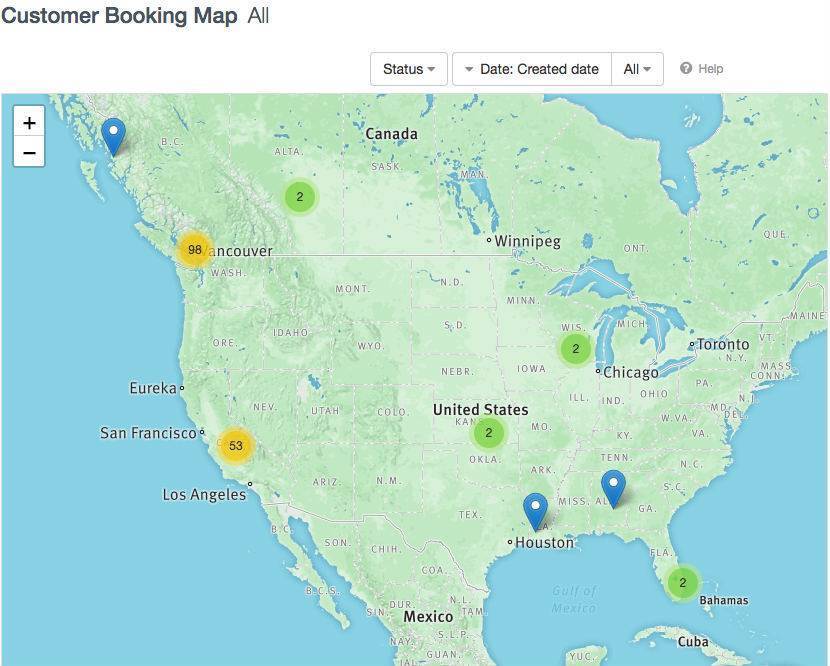 Checkfront's customer map for axe throwing businesses