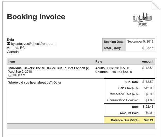 Booking invoice for booking process without extra fees