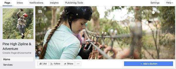 Facebook admin page of Zipline Tour Company for Add a Button