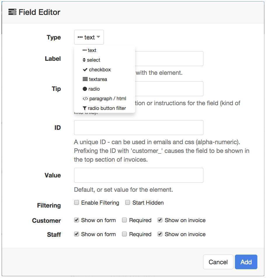 Field editor showing type drop down menu for filter questions