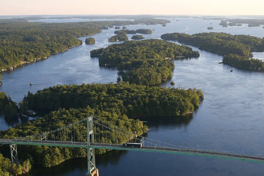 Aerial view of the Thousand Islands and a bridge