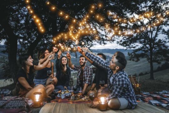 People celebrating outside