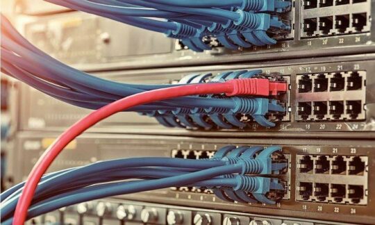 Close up of ethernet cables in a server rack