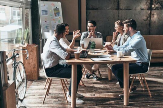 A group having a team meeting