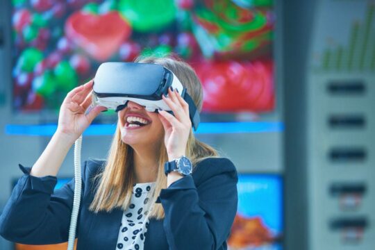 A woman wearing VR goggles