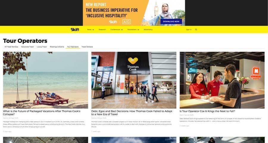 Skift homepage for tour and activity news