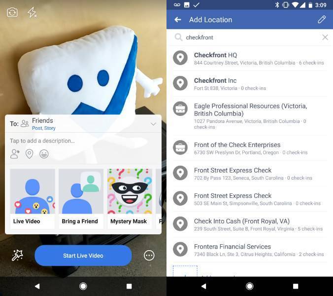 Screenshots of choosing Checkfront location while live streaming video on Facebook live