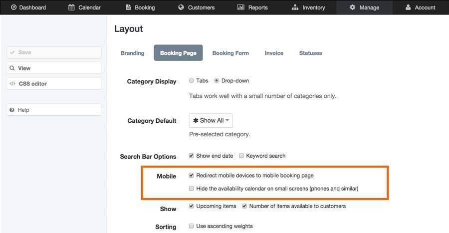 Mobile page booking options in Checkfront layout page