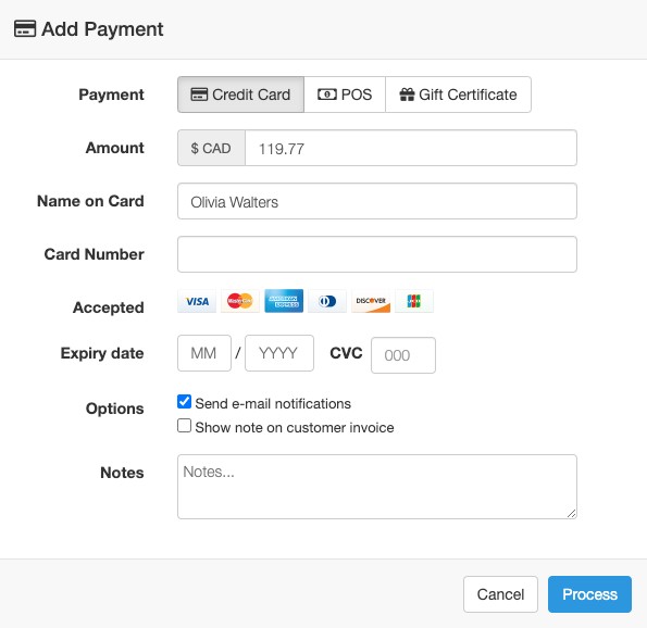 Screenshot of Checkfront's staff side payment processing