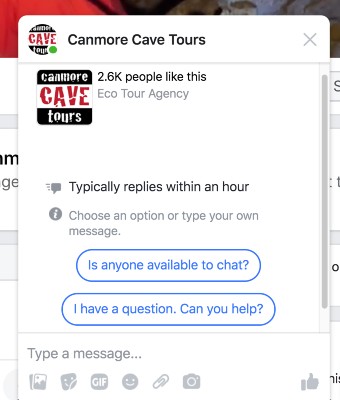 Facebook messenger bot on Cave Tours' Facebook Page
