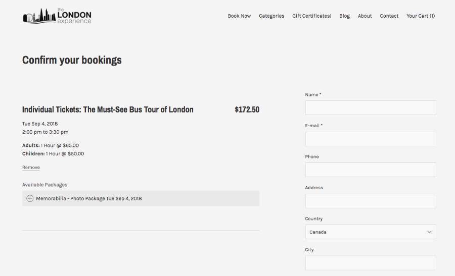 The London Experience booking form with upsell for photo package.