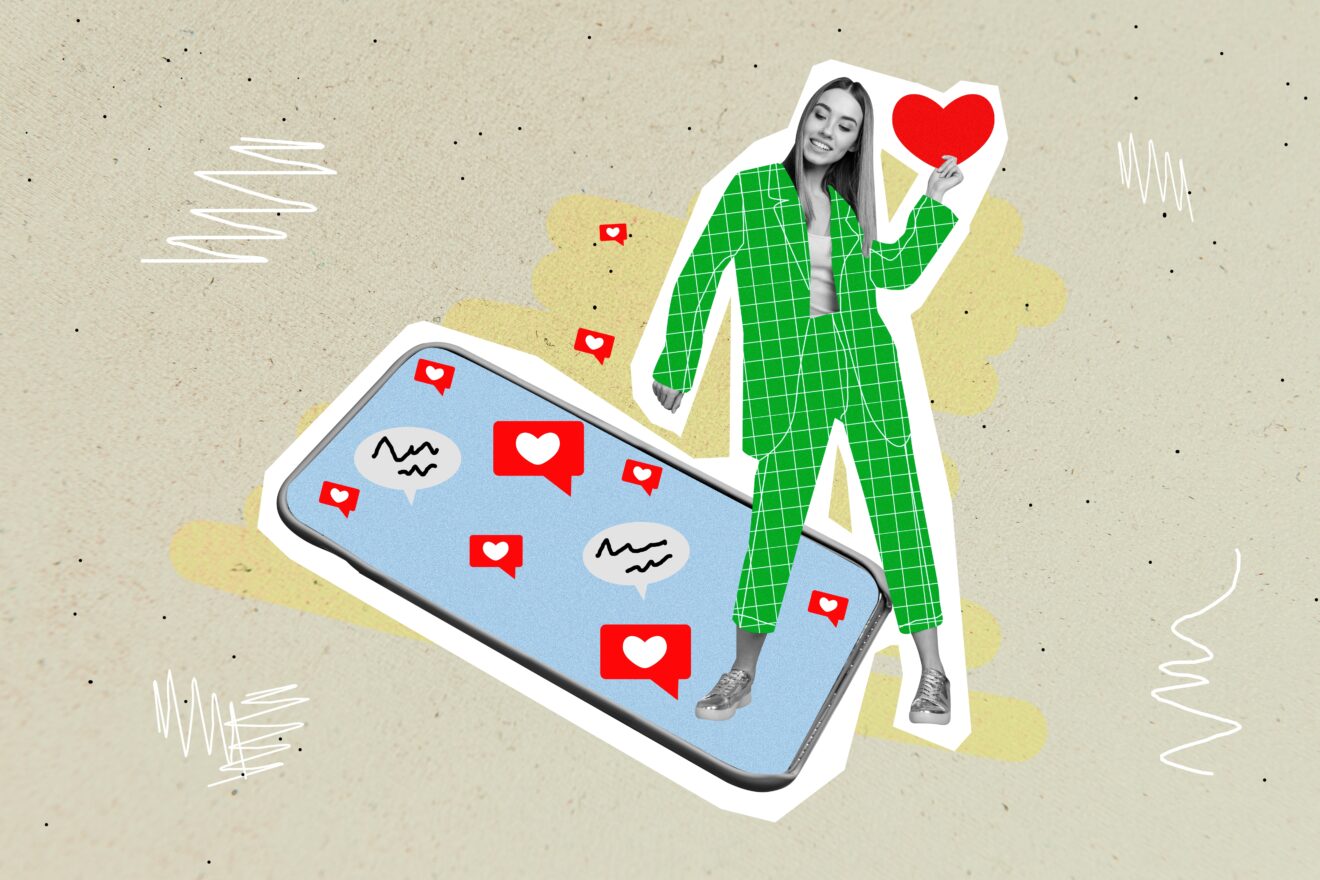 Collage image of a woman in a stripped green suit holding a heart. She's standing on an image of an iphone with red instagram hearts and speech bubbles from sending a text message review request.