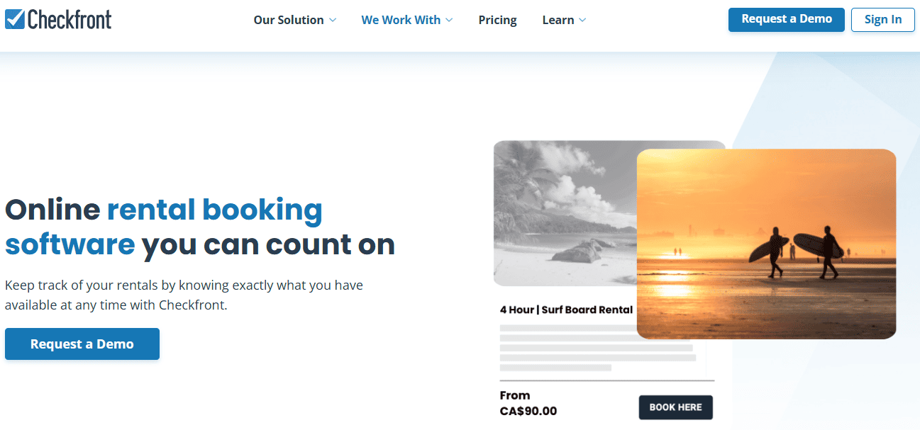 Checkfront's online rental booking software interface featuring a surfboard rental example, helping businesses manage inventory and bookings efficiently.