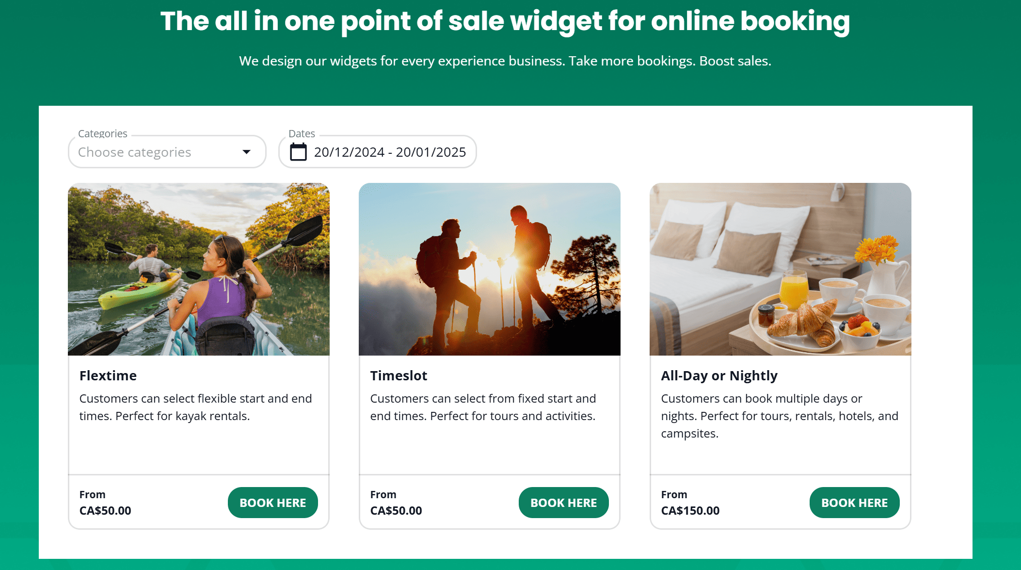 Checkfront's all-in-one point-of-sale widget for online booking, showcasing flexible options like flextime, timeslot, and all-day or nightly rentals for various activities and accommodations.