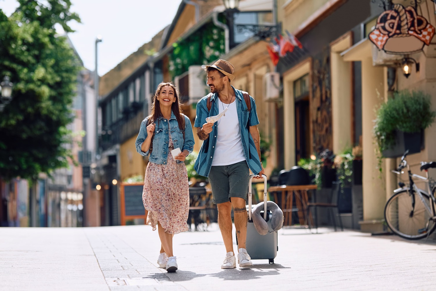 Couple exploring a charming city street